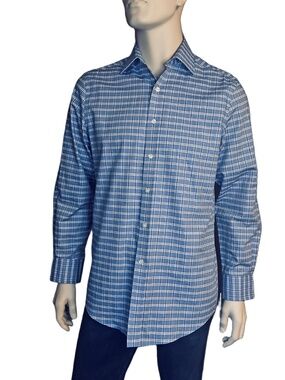 Michael Kors Long Sleeve Dress Shirt Slim Fit Blue White Grid Check 15 32/33
